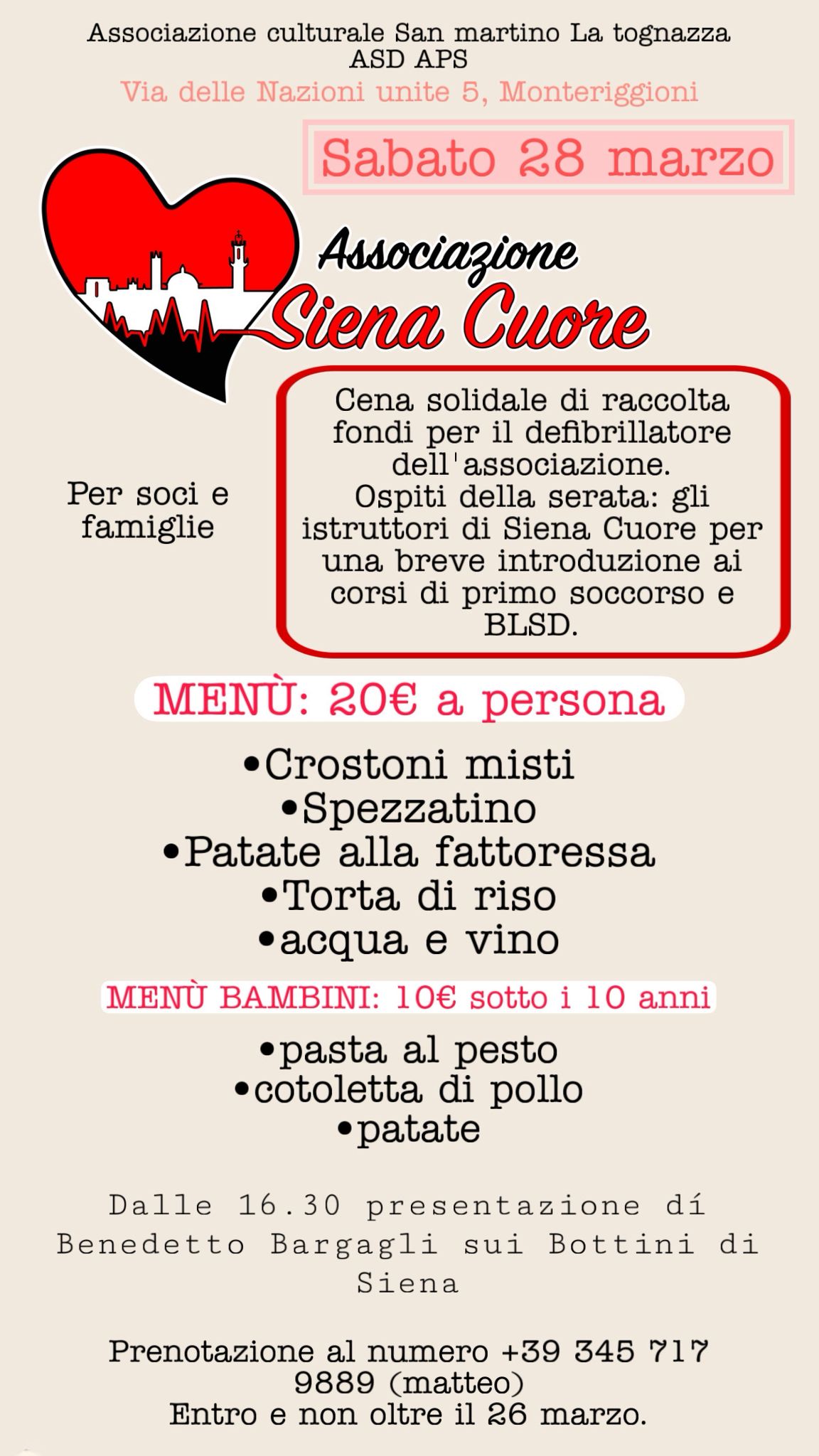 Cena solidale con Siena Cuore 28/03